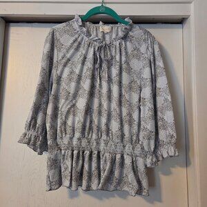 Melloday Size L Light Blue Gray 3/4 Sleeve Smocked Waist Ruffle Hem Shirt Blouse